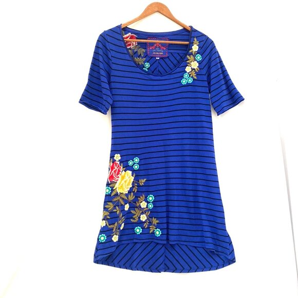 Johnny Was JWLA Embroidered Jersey Knit Tunic Mini Dress Size S Striped Boho - Picture 1 of 9